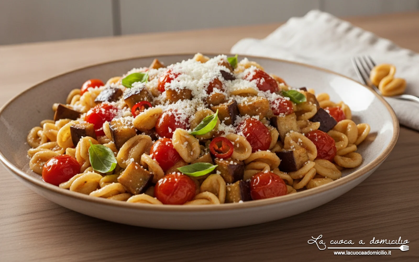 Orecchiette con melanzane, pomodorini e cacioricotta (Pug...